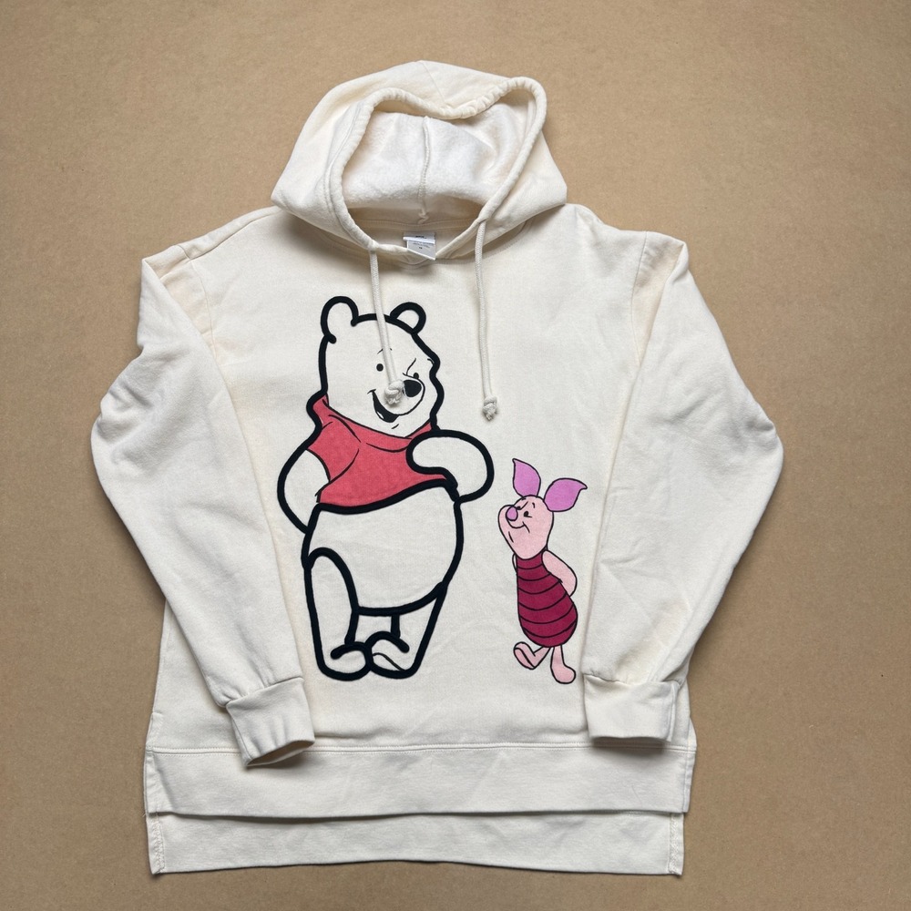 Disney Winnie The Pooh Piglet Hoodie Women Medium Beige Embroidered Sweatshirt